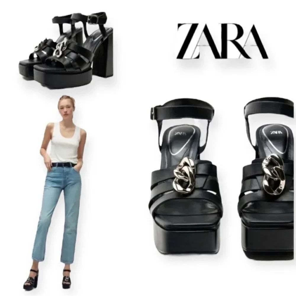 NEW With Tags
Zara Black Chain Detail Chunky High Heel Platform Sandals